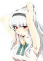 1373-1girl absurdres adjusting_hair armpits bare_shoulders breasts hairband highres long_hair medium_breasts mouth_hold red_eyes silver_hair solo white_background meno~n shijou_takane idolmaster.jpg