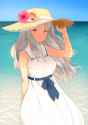 452-1girl arm_behind_back day dress earrings flower grey_hair hand_on_headwear hat hat_flower hibiscus jewelry light_smile long_hair looking_at_viewer ocean pink_eyes ribbon sailor_collar shell sky solo s.png