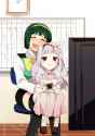 150-2girls age_regression black_legwear black_skirt child closed_eyes cookie dress eating food green_hair hairband indoors mole mole_under_mouth multiple_girls open_mouth petting purple_hairband red_eyes.jpg
