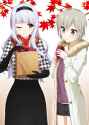 550-2girls aqua_eyes bag black_gloves coat eating elbow_gloves food gloves hairband highres houndstooth jacket long_hair long_sleeves multiple_girls one_eye_closed open_clothes open_coat paper_bag pink_ey.png