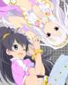 1317-2girls belt black_hair blue_eyes bracelet fang highres holding_hands jewelry long_hair midriff multiple_girls navel one_eye_closed open_mouth pink_diamond_765 ponytail purple_eyes smile white_hair wa.jpg