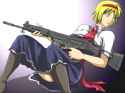 1girl assault_riffle battle_rifle blonde_hair blue_eyes female finger_on_trigger fn_fal gun hairband junkei left-handed rifle short_hair siting solo thinghighs touhou trigger_discipline weapon-5b00a38ab17.jpg