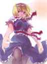 1girl belt black_legwear blonde_hair blue_dress dress from_below necktie pantyhose parted_lips ribbons short_hair short_sleeves solo teoshiguruma touhou-5891a3e7ca528e5792c573f3a66c3faa.jpg