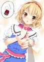 1girl blonde_hair blood_dress blush capelet dress hairband hand_on_own_chest nail_polish needle open_mouth outstretched_arm outstretched_hand pink_nails pov_hands puffy_sleeves sash shirt short_sleeves.jpg
