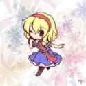 1girl blonde_hair blue_eyes book capelet chibi dress fushigi_ebi hairband one_eye_closed ribbon short_hair smile solo touhou-715e5b116dbcf65354430428170575a2.jpg