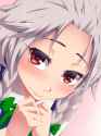 1girl blush braid face forehead hair_ribbon hair_slicked_back hands_together looking_at_viewer mouth red_eyes ribbon short_hair silver_hair solo tress_ribbon twin_braids hayashi_custom izayoi_sakuya touhou-b8bb51f2.jpg