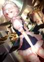 1girl apron blue_skirt dutch_angle garters hair_between_eyes highres izayoi_sakuya looking_at_viewer maid_headdress miniskirt red_eyes sakusyo shirt short_hair short_sleeves silver_hair skirt smile solo standing touhou white_apron white_shirt-7.jpg