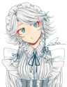 1girl bangs black_ribbon blue_eyes braid closed_mouth earrings eyebrows_visible_through_hair hair_ribbon head_tilt jewelry maid maid_headdress ribbon side_braid signature silver_hair simple_background solo twin_braids upper_body white_backgroun.png