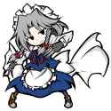 1girl apron black_eyes black_gloves blue_dress braid dress fingerless_gloves gloves hair_ribbon holding_knife izayoi_sakuya long_sleeves looking_at_viewer maid maid_apron maid_headdress puffy_long_sleeves puffy_sleeves red_zero-doo_(and_hagure).jpg